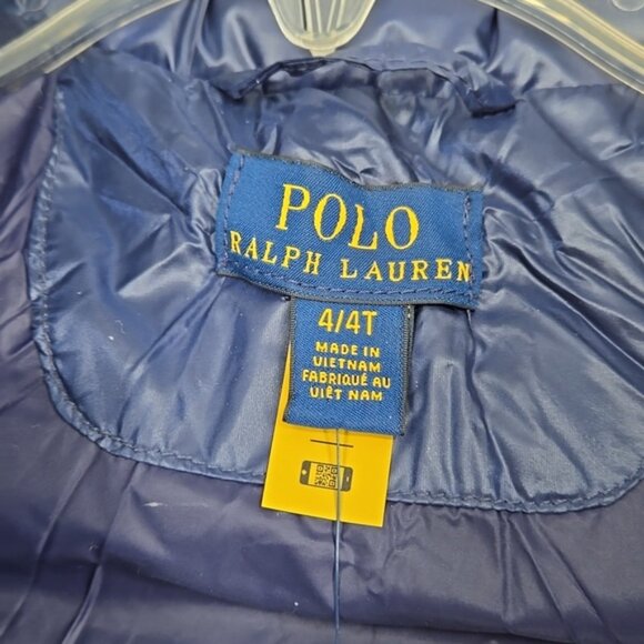 Polo Ralph Lauren Navy Puffer Water Resistant Down Long Coat Zip Snap Closure 4T - Picture 6 of 9